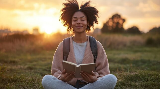 Woman reading book sunset