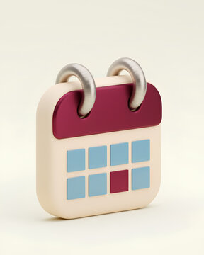 Cute 3D stylized calendar icon with metallic rings, isolated. Cream body with a maroon header, grid of blue days, and one single red marked date on a clean background.