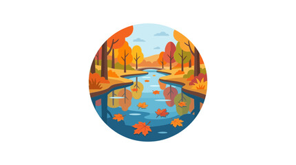 Fototapeta premium Autumn forest landscape with river and falling leaves in a circular flat vector design
