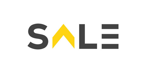 Modern Sale typography text logo vector illustration featuring bold dark grey letters and a bright yellow upward pointing arrow icon on a white background. © Fatherly Advice 