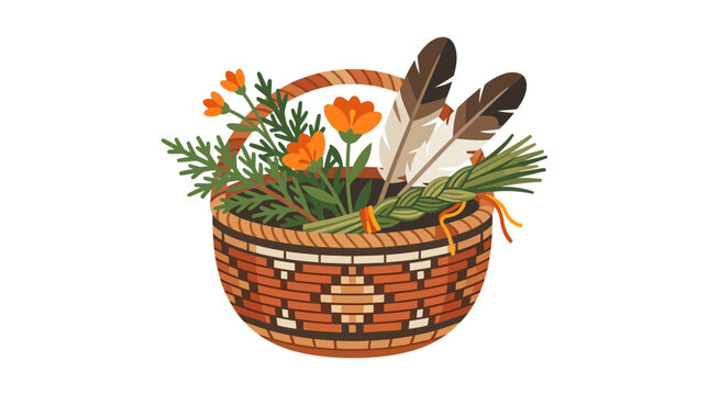 Woven basket with orange flowers, feathers, and braided sweetgrass for cultural ceremony