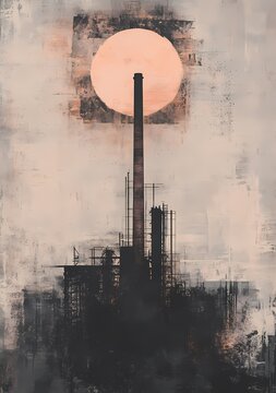 Silhouetted industrial factory with smokestack under a large orange sun in a minimalist and atmospheric landscape composition