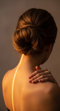 Close-up of a woman's bare shoulder and neck with neatly styled hair, illuminated by warm light, symbolizing grace, elegance, and natural beauty.