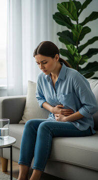 Woman holding her stomach in pain on a couch, representing physical discomfort, illness, and a need for care
