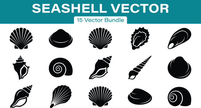 Seashells Solid Black Silhouette Set of 15 Seashell Vector Clipart