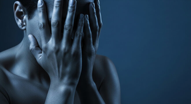 Close-up of a person hiding their face with hands, conveying distress, sadness, or contemplation, representing mental struggle and emotional turmoil.