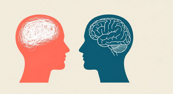 Two silhouetted heads facing each other, one with a jumbled mind, the other with a clear brain, symbolizing confusion versus clarity.