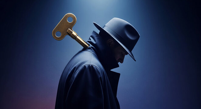A man in a fedora and trench coat has a wind-up key inserted in his back, symbolizing secrets or being controlled.