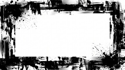 Obraz premium Abstract Black and White Grunge Frame with Ink Splatters and Halftone Texture for Design Element