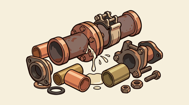 Leaking rusty pipe fittings, plumbing repair, water leak, metal parts