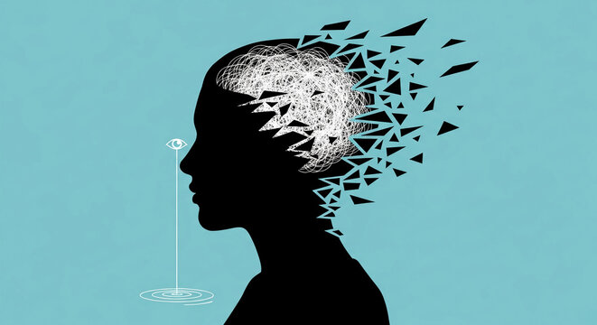 Silhouette of a head fragmenting into geometric shapes, with a stylized eye observing, symbolizing thought process disintegration and mental state.