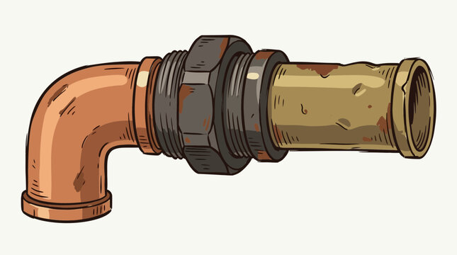 Rusty pipe fitting with copper elbow, isolated on transparent background