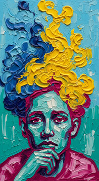 Thick impasto oil paint portrait with a stylized face and dramatic textured hair in blue and yellow, symbolizing emotion, creativity, and artistic expression