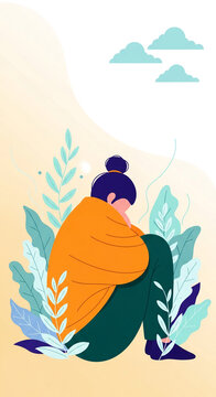 A person sits huddled amongst stylized leaves and clouds, symbolizing introspection, solitude, and mental state, with ample free space for text.