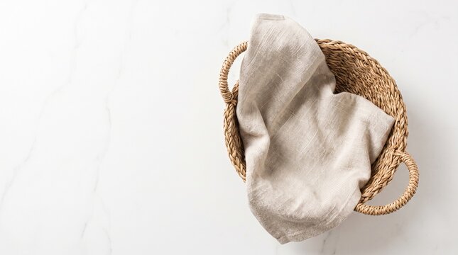 Top view of empty wicker basket with beige linen napkin on white marble background with copy space