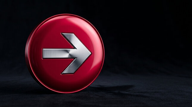 Shiny red circle with a brushed metal arrow pointing right, symbolizing direction, progress, and a clear call to action against a dark background, with free space for text.