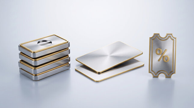 Stacked metallic rectangles and a ticket with a percentage symbol, representing finance, savings, and discounts, with free space for text.