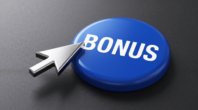 A digital cursor hovers over a large blue button with the word "BONUS" in white, symbolizing an opportunity or reward