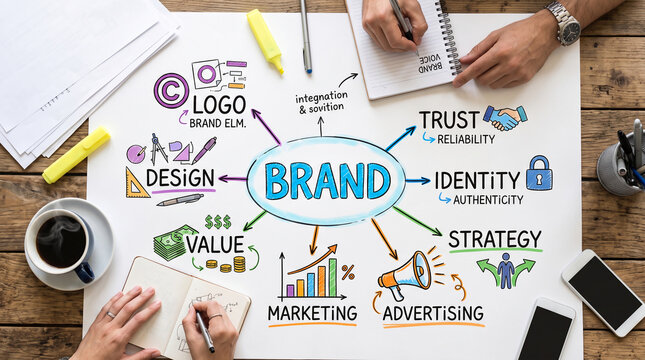 A mind map illustrating brand strategy elements like logo, design, value, marketing, and trust, symbolizing business planning and brand development