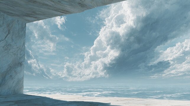 A clear, empty, light-colored space in the top-left quadrant for text overlay. Dramatic clouds, epic scale, texture of stone and sea.