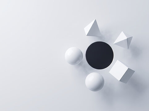 Minimalist 3D geometric shapes arranged around a black circle on white background.