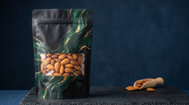 Black resealable pouch with green marble and gold accents, filled with almonds, showcasing natural goodness and premium packaging