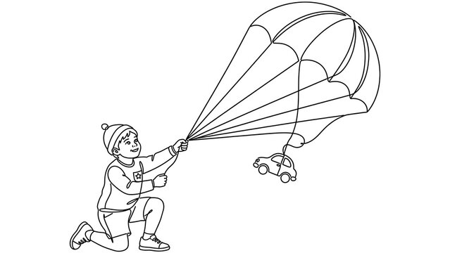 Kid flying with parachute white background.