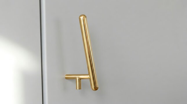 Modern gold cabinet handle attached to a minimalist grey cupboard door