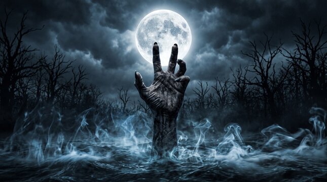 Spooky zombie hand rising from misty swamp water under bright full moon