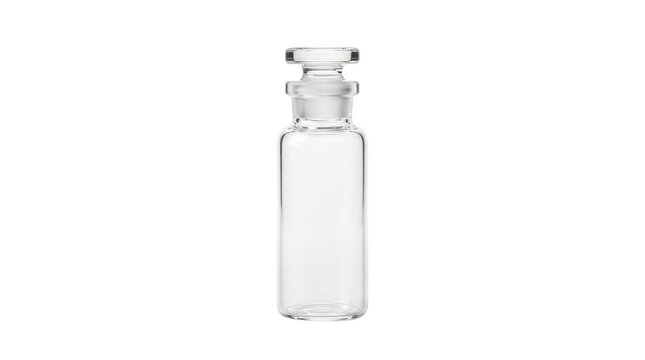 Vintage glass apothecary bottle with stopper. Clear laboratory vial for medical research. Empty pharmacy jar on white background.