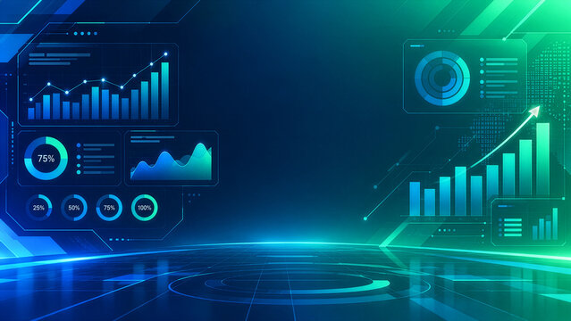 Futuristic neon technology dashboard background with digital data analytics, financial charts, and growth graphs