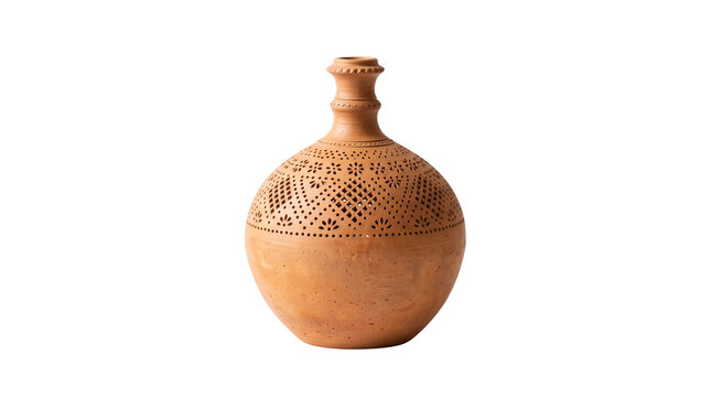 Handcrafted terracotta clay vase with geometric carvings. Traditional pottery vessel. Rustic earthenware jug on white background.