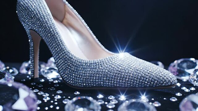 Elegant Rhinestone-Studded Stiletto Amid Sparkling Crystals on a Dark Reflective Surface