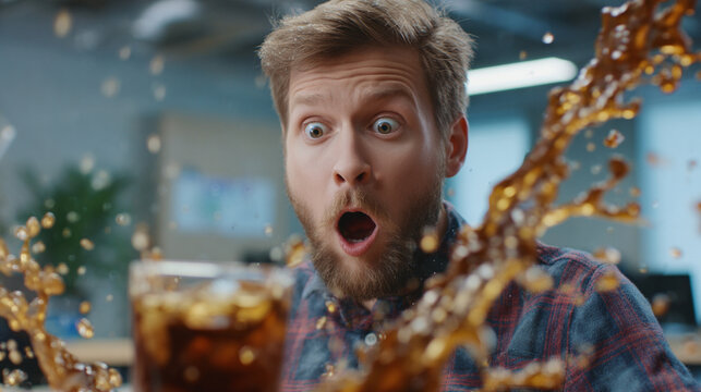 Surprised bearded man wearing plaid shirt reacting to sudden splash of dark brown iced soda
