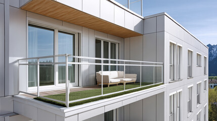 Obraz premium Modern apartment exterior with balcony, glass railing, white sofa, mountain view, and minimalist design