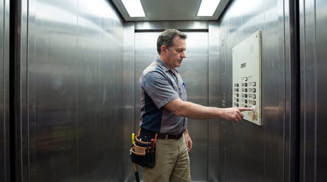 Maintenance Worker Activating Elevator Control Panel Inside Corporate Office Building