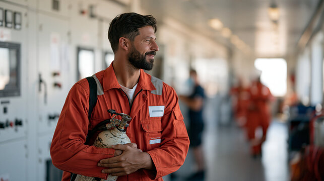 A broad-shouldered bearded man in a flame-retardant coverall carrying a pressurized halon replacement suppression cylinder through a power plant control room hallway, electrical