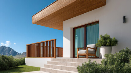 Obraz premium Modern luxury apartment exterior with wooden balcony, mountain view, white wall, potted plant, sunny day