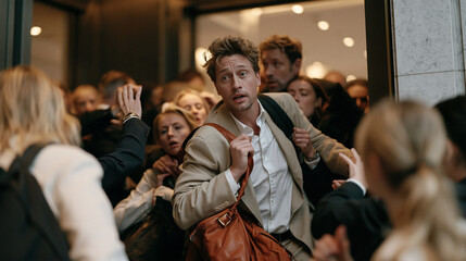 Fototapeta premium Panicked hotel guests flooding into lobby from elevator bank after fire alarm activation, concierge directing crowd toward emergency doors, hospitality crisis management, tourism