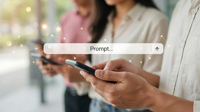 People using smartphones with digital search bar overlay for online information retrieval.