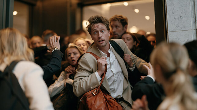 Panicked hotel guests flooding into lobby from elevator bank after fire alarm activation, concierge directing crowd toward emergency doors, hospitality crisis management, tourism
