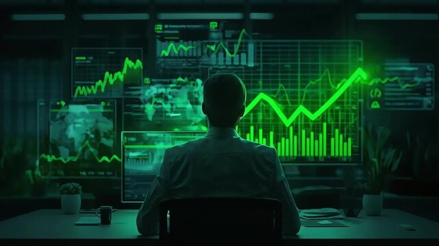 Dedicated financial analyst reviewing rising market trends and stock fluctuations on multiple glowing digital screens within office animation video footage