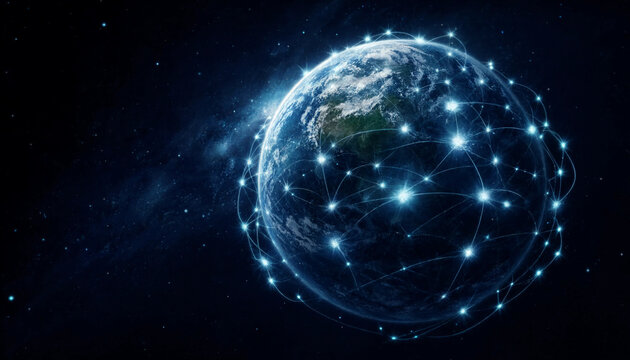 Glowing Planet Earth Covered with Digital Network Lines in Outer Space