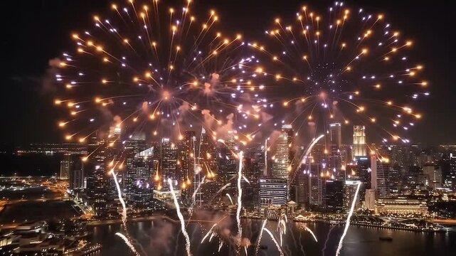Stunning night aerial view of colorful fireworks exploding over a glowing cityscape skyline by the waterfront