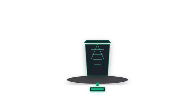Premium 4K microstock animated icon depicting a geometric modern compost bin with organic recycling pathway nodes, decomposition energy charge, and sustainability success payoff on a transparent backg