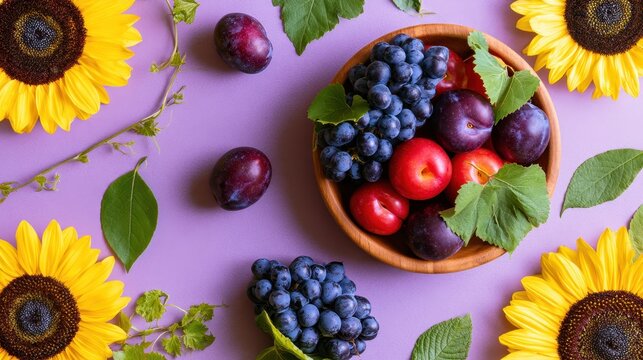 Sunflowers and a wooden bowl filled with grapes and plums on a purple surface