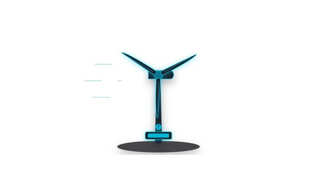Premium 4K microstock animated icon depicting a geometric wind turbine structure with spinning rotor blades, wind stream interaction, and clean electricity generation payoff on a transparent backgroun