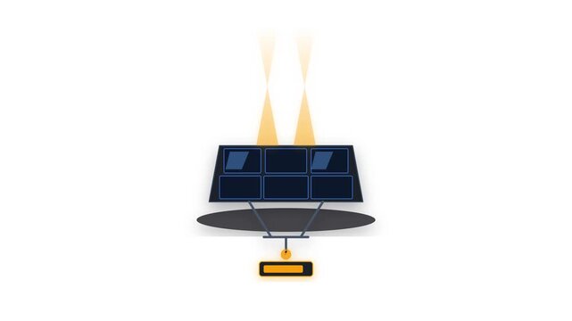Premium 4K microstock animated icon depicting a geometric solar panel array with a sunlight beam interaction, energy absorption reaction, and power generation payoff on a transparent background.
