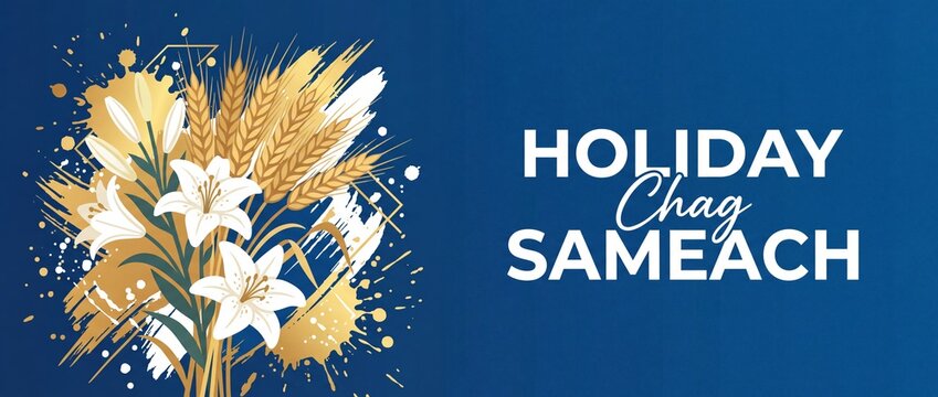 Chag Sameach Jewish Shavuot Holiday greeting banner with wheat ears, white lilies, and gold brush strokes on a blue background for festival celebration card design template banner background.