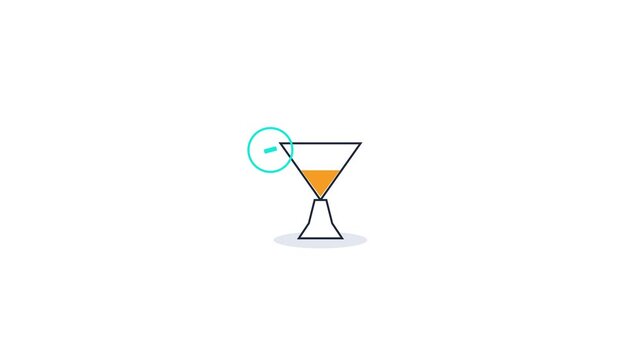 Seamlessly looping 4K motion graphics icon asset featuring a minimalist geometric cocktail glass with refreshing liquid fill and a verification badge.